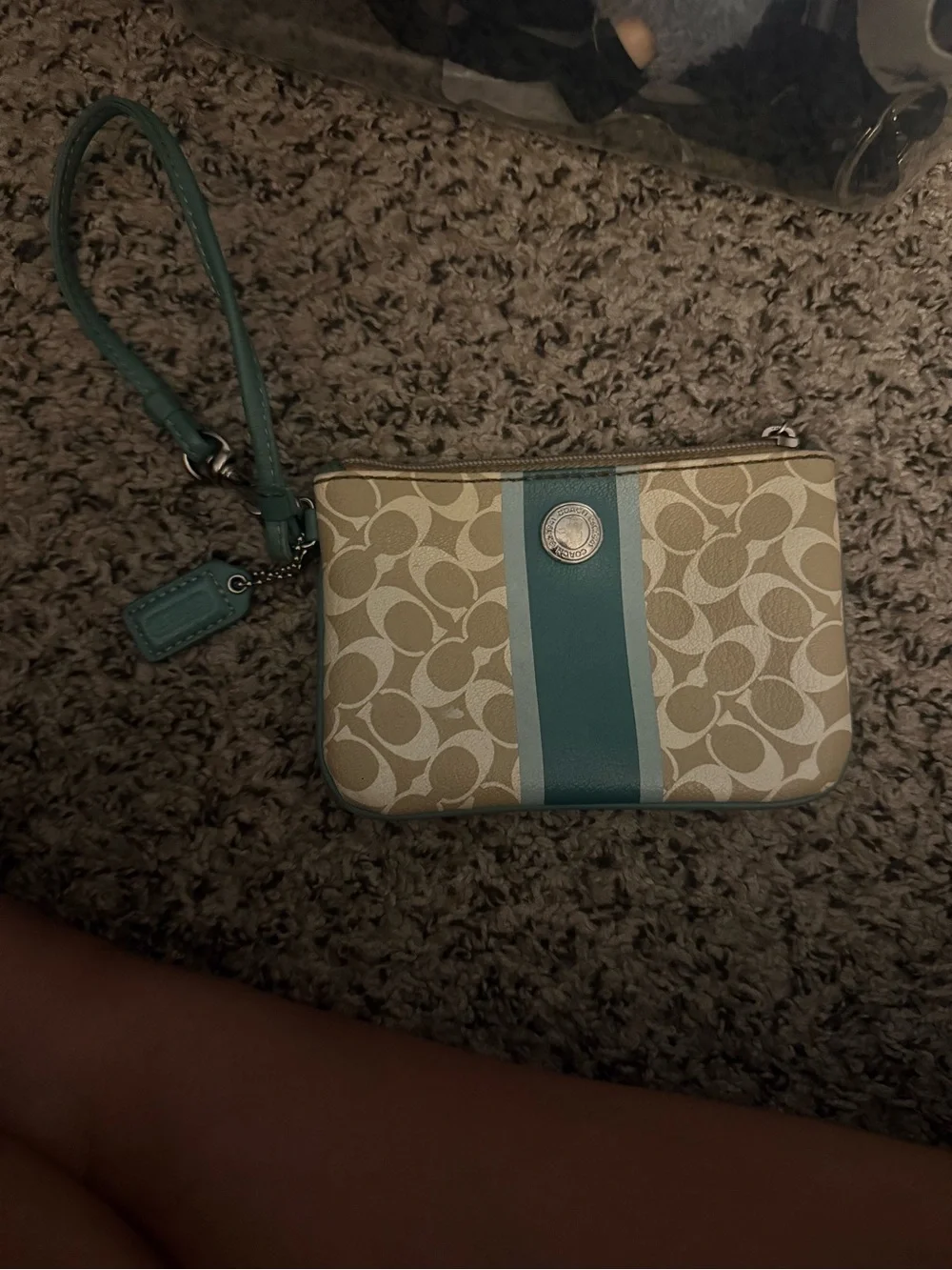 Coach Khaki Signature Canvas Wristlet with Teal Center Stripe